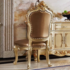 Chaises de salle à manger classiques européennes de luxe en bois massif avec accoudoirs dorés, meubles de <span class=keywords><strong>restaurant</strong></span> en bois massif et cuir véritable pour la maison - Product Image 3