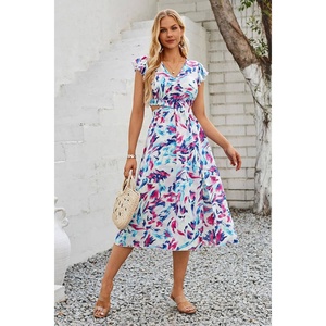 Personalizzato nuova stagione viola stampa floreale elegante bella stampa tutta su stampa croce elastico ritagliato in vita da donna - Product Image 5