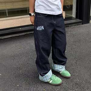 Jeans en denim à ourlet roulé, patchwork à carreaux américains, pour hommes, printemps automne, nouveau, jambe large, droit, ample, taille basse, style streetwear - Product Image 3