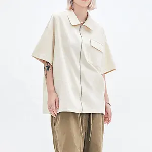 Oem Unisex 100% Cotton Short Sleeve Zip Up Work Shirt Clear Zip Up T Shirt