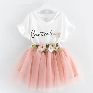 Children Short Sleeve 2 Pieces Girl Fairy Skirt Set Butterfly Cotton Shirt Tulle Skirt 2pcs Kids Clothes Flower Girl Dress