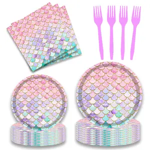 Pink Mermaid Thema Party Papp teller Kinder geburtstags feier Einweg Party Geschirr Set