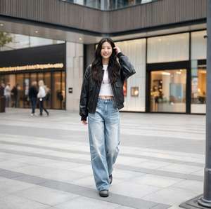 Jeans en denim bleu délavé à jambe large et ample, effet dégradé de couleur, jeans droits tendance, design rayé, jeans de haute qualité - Product Image 1