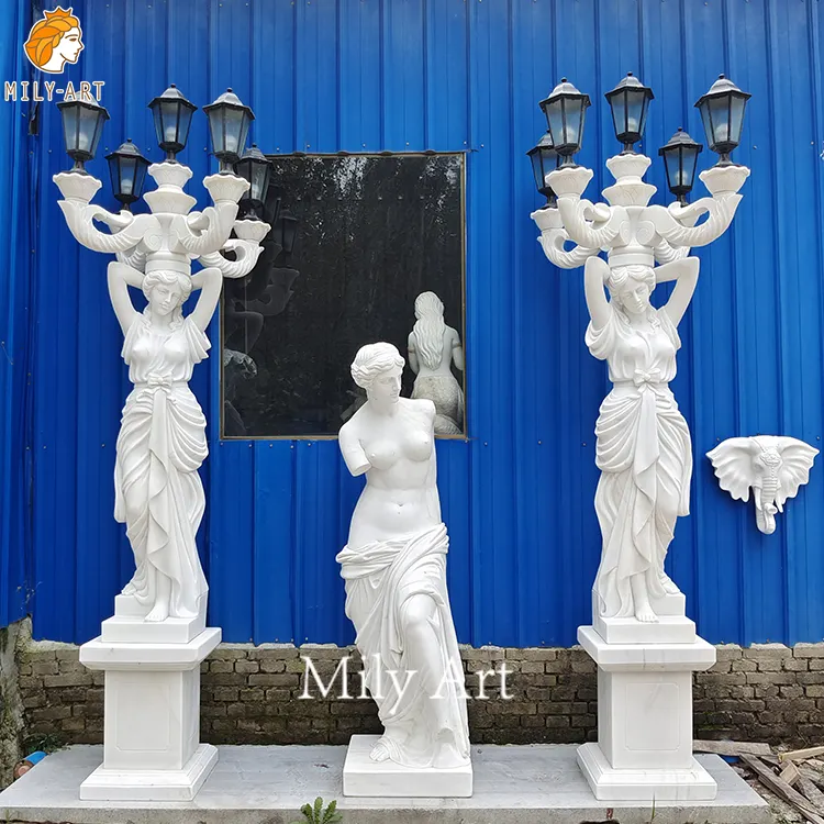 Оптовая Продажа с фабрики, винтажная уличная мраморная статуя леди в европейском стиле с лампой