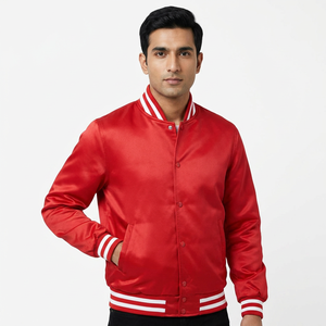 Blouson universitaire en satin de baseball, col rabattu, coupe bomber, style Letterman, avec bordure et fermeture à boutons en corne, couleur Royal Rib, service OEM - Product Image 1