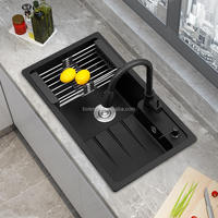 Évier de cuisine en granit composite pour salle de bain, 22 pouces, en pierre de quartz, à cuve unique, à deux trous, à poser en surplomb, noir mat