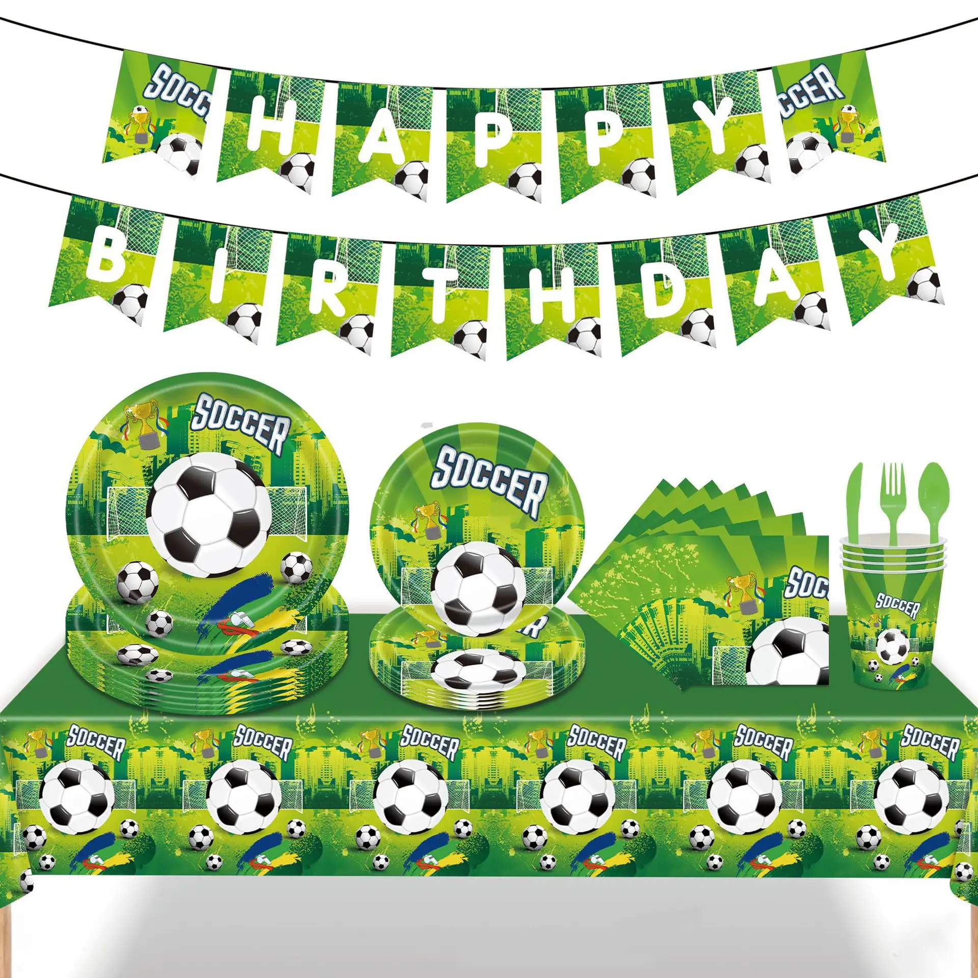 Venta al por mayor personalizado fútbol tema banner globo conjunto desechable vajilla decoración de fiesta de cumpleaños