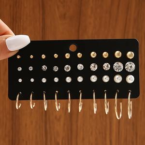 Lot de 20 paires de boucles d'oreilles clous en alliage de zinc pour femme, avec perles et zircon blanc rond de qualité AA, sertis griffe, pour usage quotidien - Product Image 1