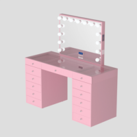 Coiffeuse rose Bureau de maquillage rose 13 tiroirs Haut-parleur Bluetooth Coiffeuse avec lumière LED Table de vanité rose pour le maquillage