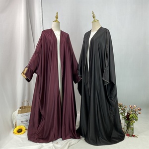 Luxury Women <b>Abaya</b> Gorgeously Sparkle Diamonds Border Fashion Split Cuff Big Sleeves Satin Muslim Islamic Dubai Open <b>Abaya</b> 1427# - Product Image 2