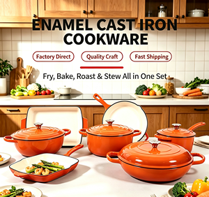 Batterie de cuisine en fonte émaillée 7 pièces, compatible four, avec faitout, poêle, grill, plat à four et ustensiles de cuisson, pour cuisinières à induction et à gaz - Product Image 2