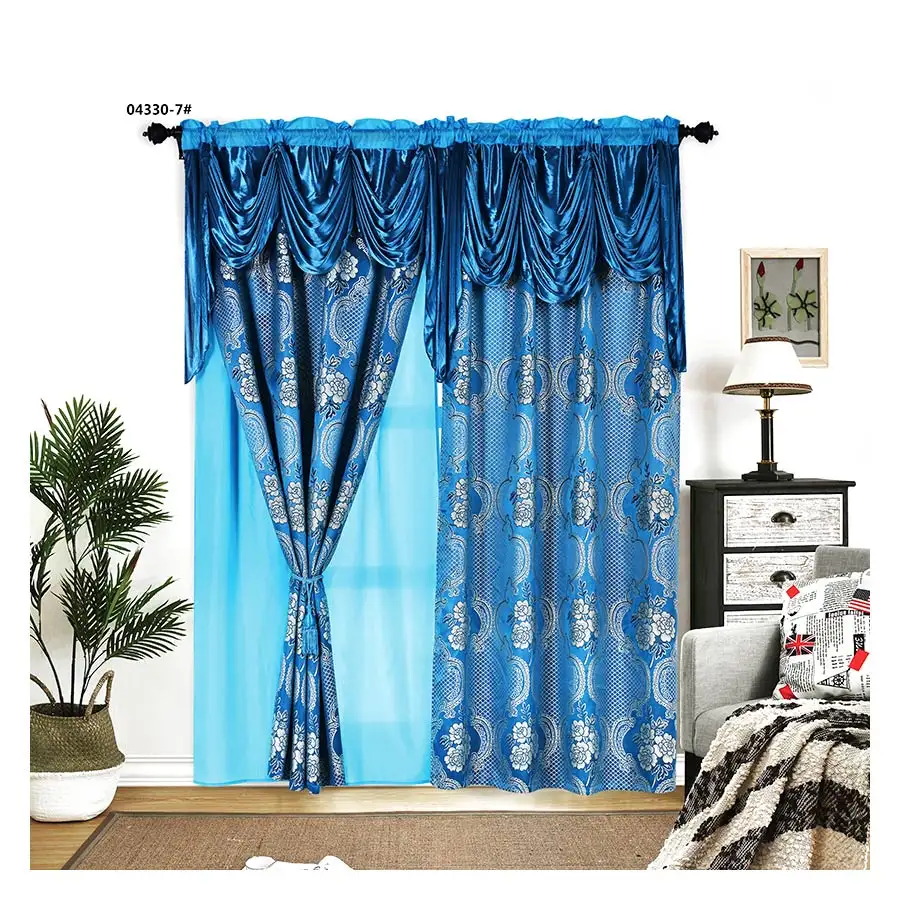 China Luxury Designs Jacquard Decorative Home Royal Blue Living Room Curtains Window With Valance