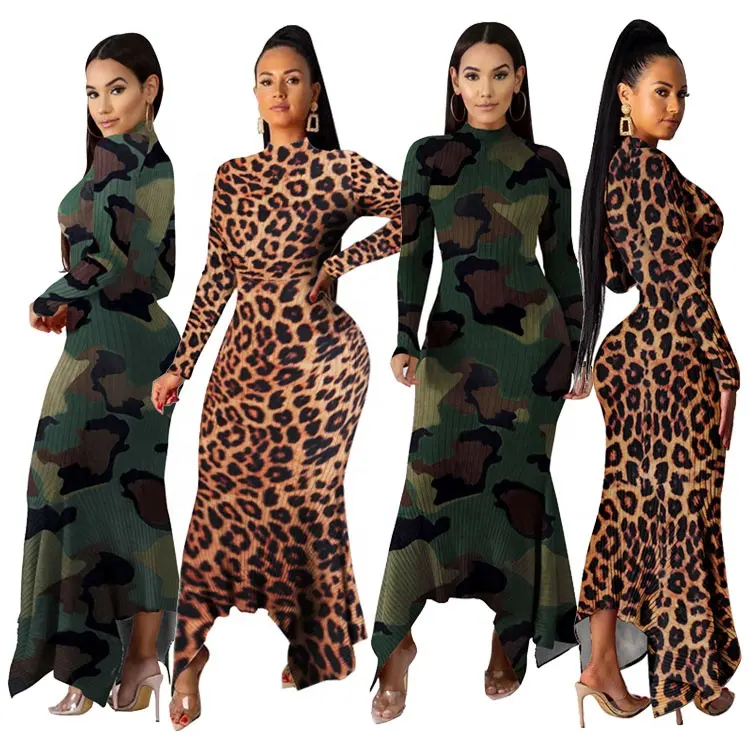 Robe longue en coton à manches longues pour femmes, motif Camouflage léopard, tenue décontractée, Sexy, nouvelle collection,, WN501302