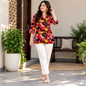 Conjunto Étnico Informal de Verano para Mujer, Kurta de Algodón con Estampado Floral y Pantalones Blancos hasta el Tobillo, Estilo India Pakistán - Product Image 1