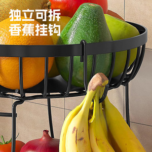 Panier à fruits rond à double couche en acier au carbone, crochet à bananes détachable, rangement pour comptoir de cuisine - Product Image 1