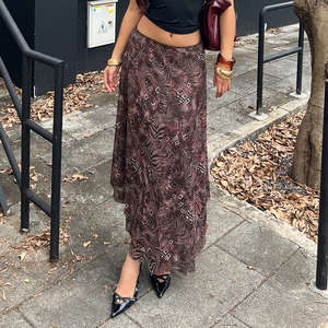 Falda de estilo vintage con malla floral, de talle bajo y caída irregular, vestido de longitud media moderno y versátil para chicas atractivas - Product Image 4