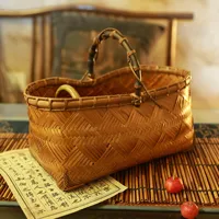Panier en bambou tressé à la main vintage avec poignée en bambou laqué violet, motif arachide unique, décoration artisanale pour la maison, cadeau