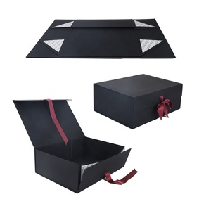 Custom Logo Extra Large Luxury Black Rigid Magnetic Big Folding Gift Hat Box Packaging Paper Boxes with Butterfly Knot Ribbon