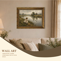 Décoration Murale pour la Maison : Tableau sur Toile Encadré, Paysage Pastoral Orné Vintage, Fille Pêcheuse au Bord du Lac, Art Mural OEM ODM
