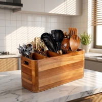 Boîte de rangement flexible à 4 compartiments en bois d'acacia Mangium avec poignée pour couverts, spatules, couteaux, fourchettes, comptoir de cuisine