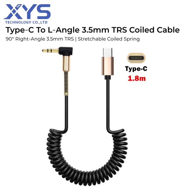 90 Degree Right Angle Coiled USB C to 3.5mm TRS AUX Audio Cable Gold Plated Retractable Spring Stereo Cable