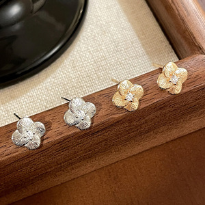 925 Sterling <b>Silver</b> Rhodium Plated Brushed Finish Trendy Flower <b>Stud</b> Earrings Dainty Zircon Four Leaf Clover Jewelry Women Gift - Product Image 2