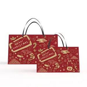 Yeni ürünler yüksek son Kraft kare altlı kağıt torba hediye keseleri kolları ile kırmızı noel ambalaj