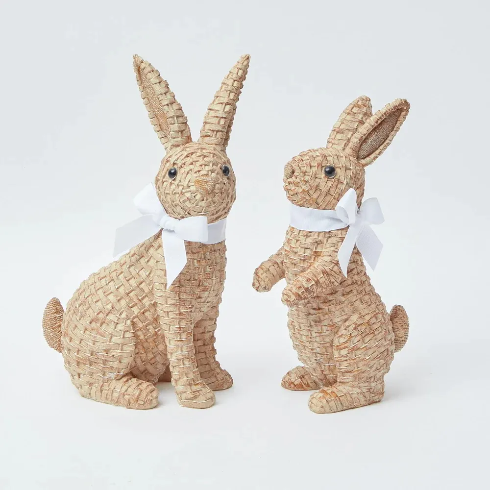 2024 New Easter Resin Rattan Wicker Bunnies Statue Rabbit Ornaments Figurine Animal Crafts Home Table Desktop Decor Sculpture