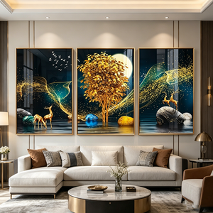 Custom Factory Wholesale 3 Panels <b>Framed</b> Wall Art Golden Money Tree Golden Deer Elk Landscape Crystal Porcelain <b>Painting</b> - Product Image 1