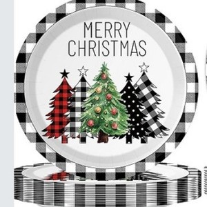 Assiettes, serviettes et fourchettes en plastique à motif de sapin de Noël en écossais DAMAI pour la décoration de table de fête de Noël, vaisselle jetable de Noël - Product Image 3