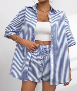 Conjunto de Ropa de Moda para Mujer 2026, Camisa y Pantalones Cortos a Rayas con Cintura Elástica, Conjunto de 2 Piezas - Product Image 2