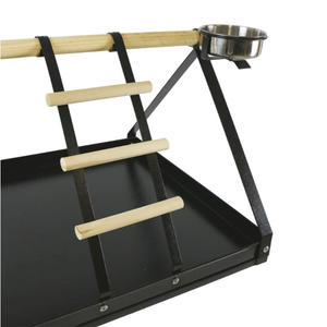 Supporto per Uccelli Autoportante Contemporaneo in Metallo Nero, Stand a <span class=keywords><strong>T</strong></span>, Posatoio in Ferro Battuto con Ciotole per Mangime e Vassoio Raccogli-Sporco per Pappagalli - Product Image 2