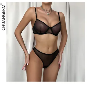 CHUANGERM Hot Sale suspender jala Lingerie seksi wanita tembus pandang gaya sederhana 2 PCS Lingerie Wanita