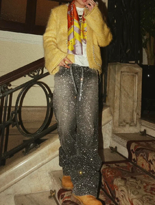 Jeans da <span class=keywords><strong>Uomo</strong></span> Vintage Streetwear Produttore di Abbigliamento con Coulisse Lunga Gamba Larga Dritta e Strass Lucidi - Product Image 4