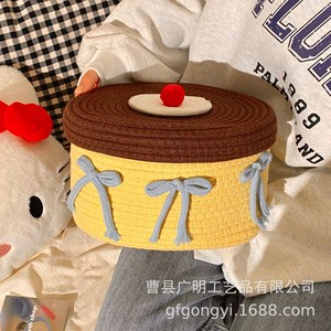 Cotton Woven <b>Storage</b> <b>Basket</b> With Lid Round Yellow <b>Large</b> Capacity Toy Organizer Desktop <b>Storage</b> Box For Children - Product Image 4