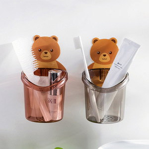 Bear Hugging Toothbrush Cup Double Holder Transparent Wall Mount Draining Storage For Bathroom - Product Image 1