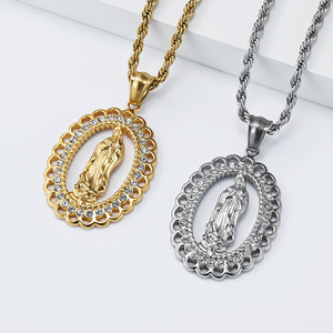 <b>Titanium</b> Steel Gold Plated Virgin Mary Pendant Necklace With Diamond Pave Setting Unisex Fashion Jewelry Gift - Product Image 2