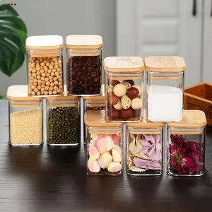 YOLOWE HOME 240ml Square Glass Food Storage Container With Sealed Jar Modern Design Kitchen Spice Storage Lid For Grain Storage