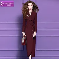 Robe de costume rouge sur mesure FMY Factory pour femmes avec volants, robe mi-longue à simple boutonnage pour les déplacements professionnels, 67964