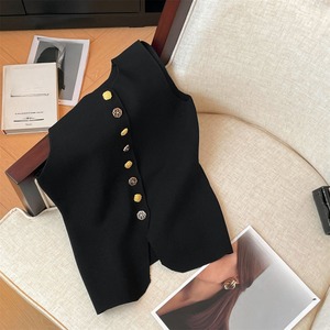 Nouveau Gilet Tricoté <span class=keywords><strong>Sans</strong></span> Manches Amincissant <span class=keywords><strong>Femme</strong></span> Automne 2025, Haut <span class=keywords><strong>Court</strong></span> Boutonné Coloré avec Logo Avant - Product Image 2
