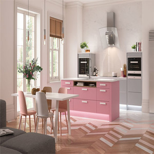High End European Style <strong>Pink</strong> Curved Shaped Lacquer Kitchen <strong>Cabinet</strong> with Lights and Island - Product Image 5