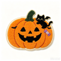 Patchs brodés en chenille personnalisés pour Halloween, motifs citrouille et chat, badges brodés effet serviette moelleuse, patchs thermocollants en gros pour vêtements