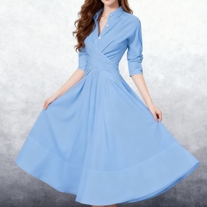 เดรสลำลองแขนยาวสีพื้นผูกเอวทรงเข้ารูปคอปกสำหรับฤดูร้อนแฟชั่น - Product Image 6