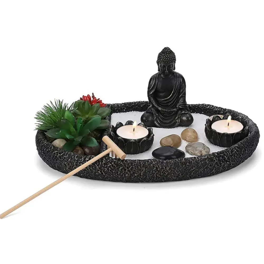 Zen Kit scrivania da giardino 8x8 pollici vassoio di sabbia naturale loto figure di Buddha rastrello giapponese Mini meditazione decorazione in resina artigianale regalo