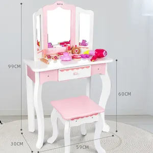 새로운 스타일 뜨거운 판매 공주 드레싱 테이블 세트 소녀 나무 메이크업 장난감 거울 테이블과 의자