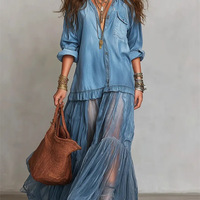 DM123 Robe longue de soirée d'été luxueuse en mousseline de soie style bohème, patchwork imitation jean, coupe ample avec bordure en dentelle