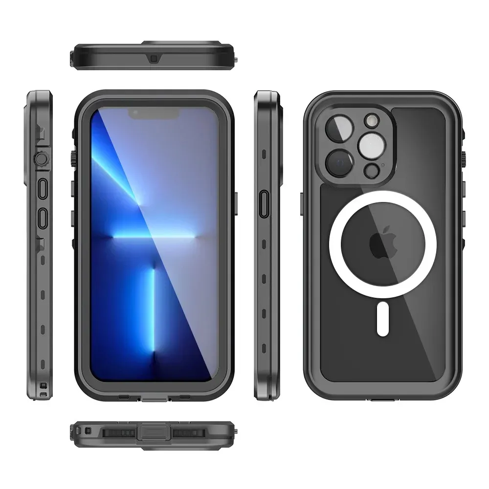 Funda de carga inalámbrica magnética impermeable IP68 para iPhone 15 14 13 Pro Max, funda para buceo, natación subacuática, deportes al aire libre