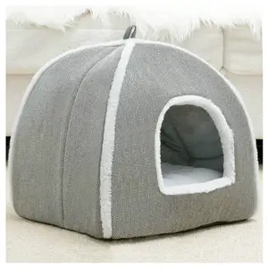 Cueva plegable para Cama de Gato, casa de gato con cojines lavables para mascotas, casa de gato suave y cálida para interior, color gris