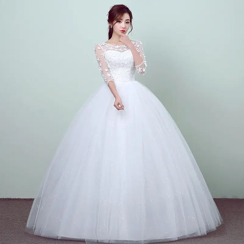 Vestido de novia de princesa, novedad, blanco, con mangas de encaje y temperamento