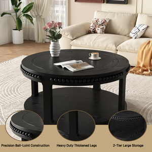 Solid Wood Round Coffee <b>Table</b> 31.5 Inch 2 Tier With Storage Shelf Modern Design Living Room Furniture - Product Image 5